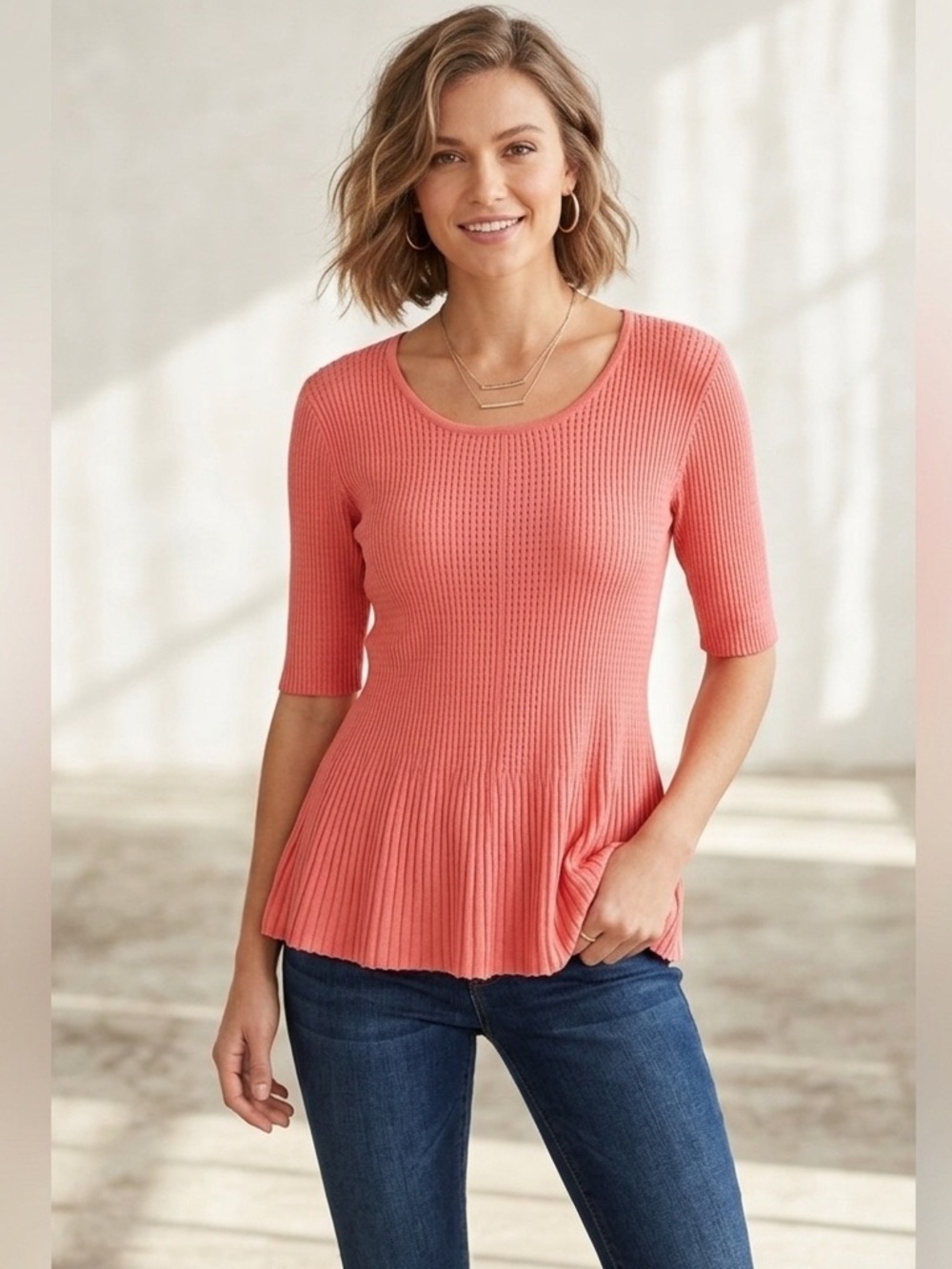 Chelsea & Theodore Coral Ribbed Knit Pendulum Top Size Large.